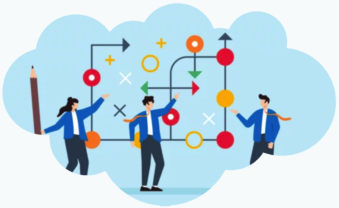 Illustration of three business figures around a strategy flow diagram in a cloud shape — 360 feedback concept