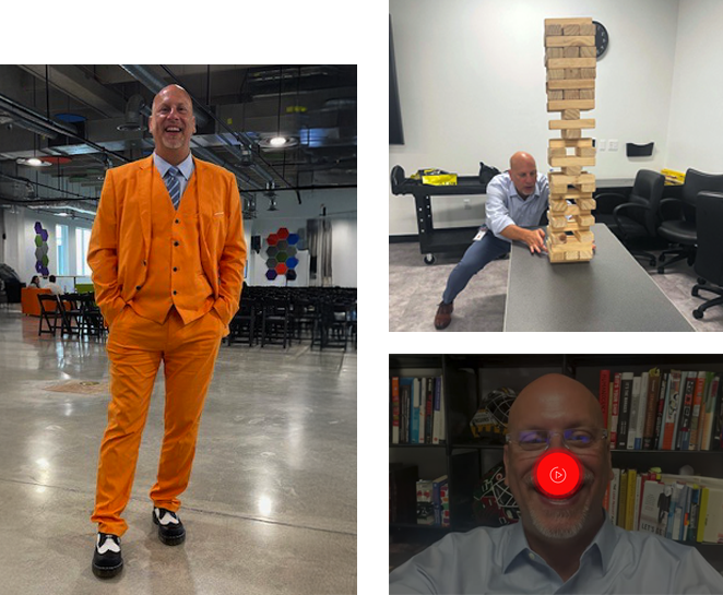Timothy Cormier: in an orange suit at a venue, playing giant Jenga, and wearing a red clown nose on a video call