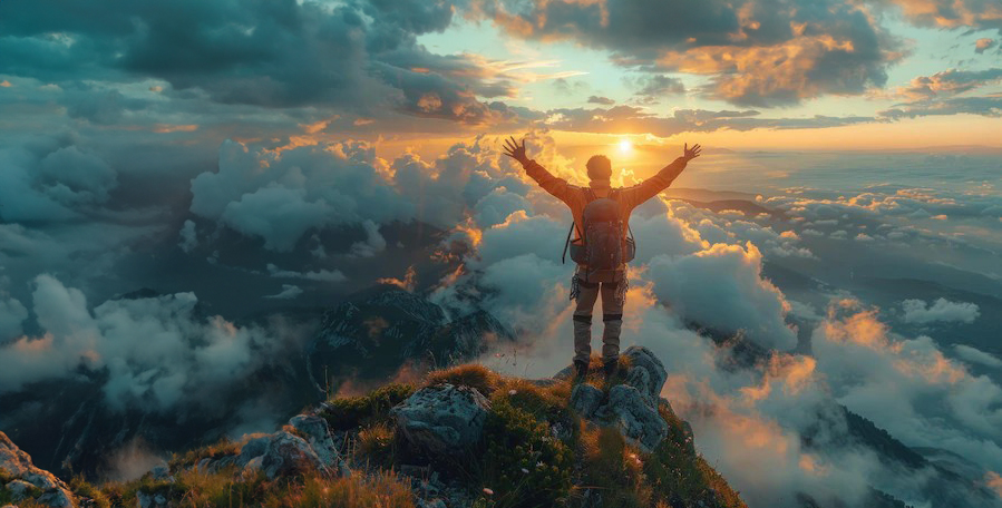Person standing on a mountain peak with arms raised in triumph at sunset above the clouds