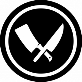 Chop Shop circular logo — white crossed cleaver and chef's knife on black