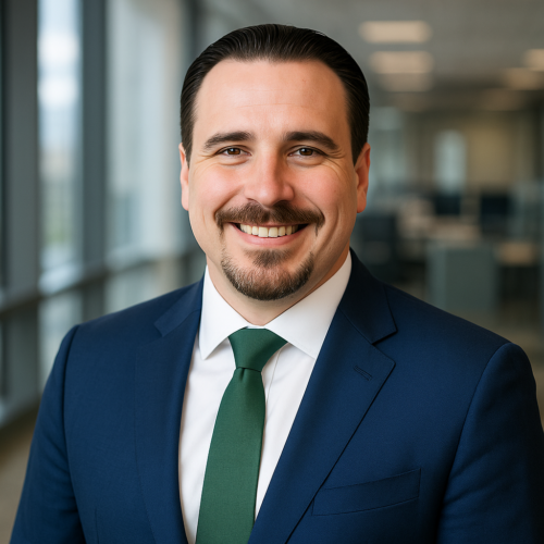 Bijan Zandbod, Leadership Consultant & Coach — man with dark hair and goatee in a navy suit with green tie