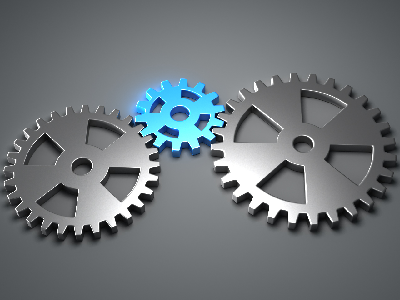 3D render of three interlocking gears, one highlighted in blue, symbolizing a defined coaching process