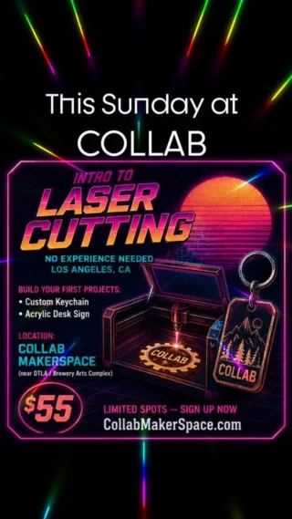 Instagram reel: Intro to Laser Cutting workshop promo with neon retrowave artwork, $55