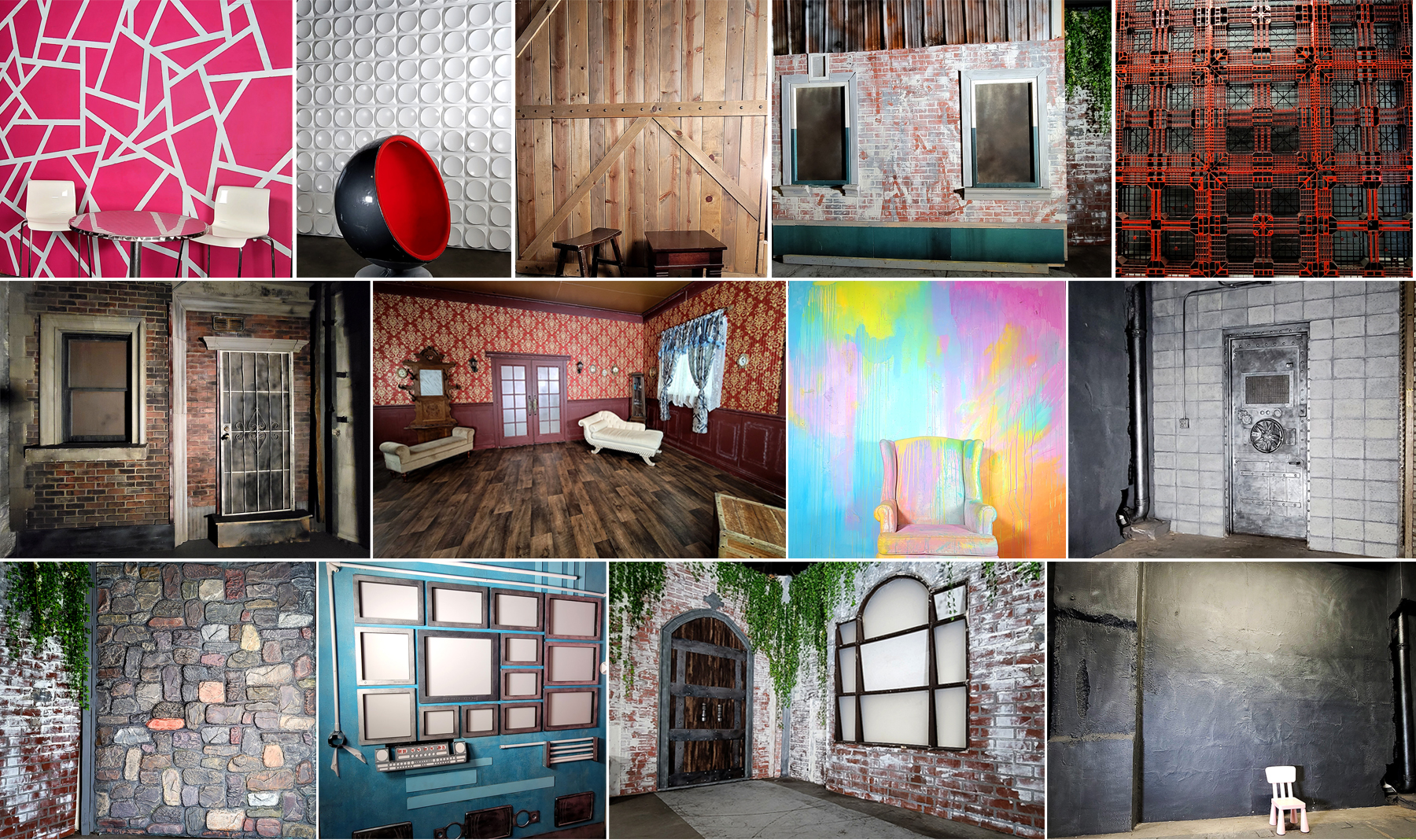 Collage of themed production backdrops: brick walls, painted walls, rustic wood, stone and Victorian rooms