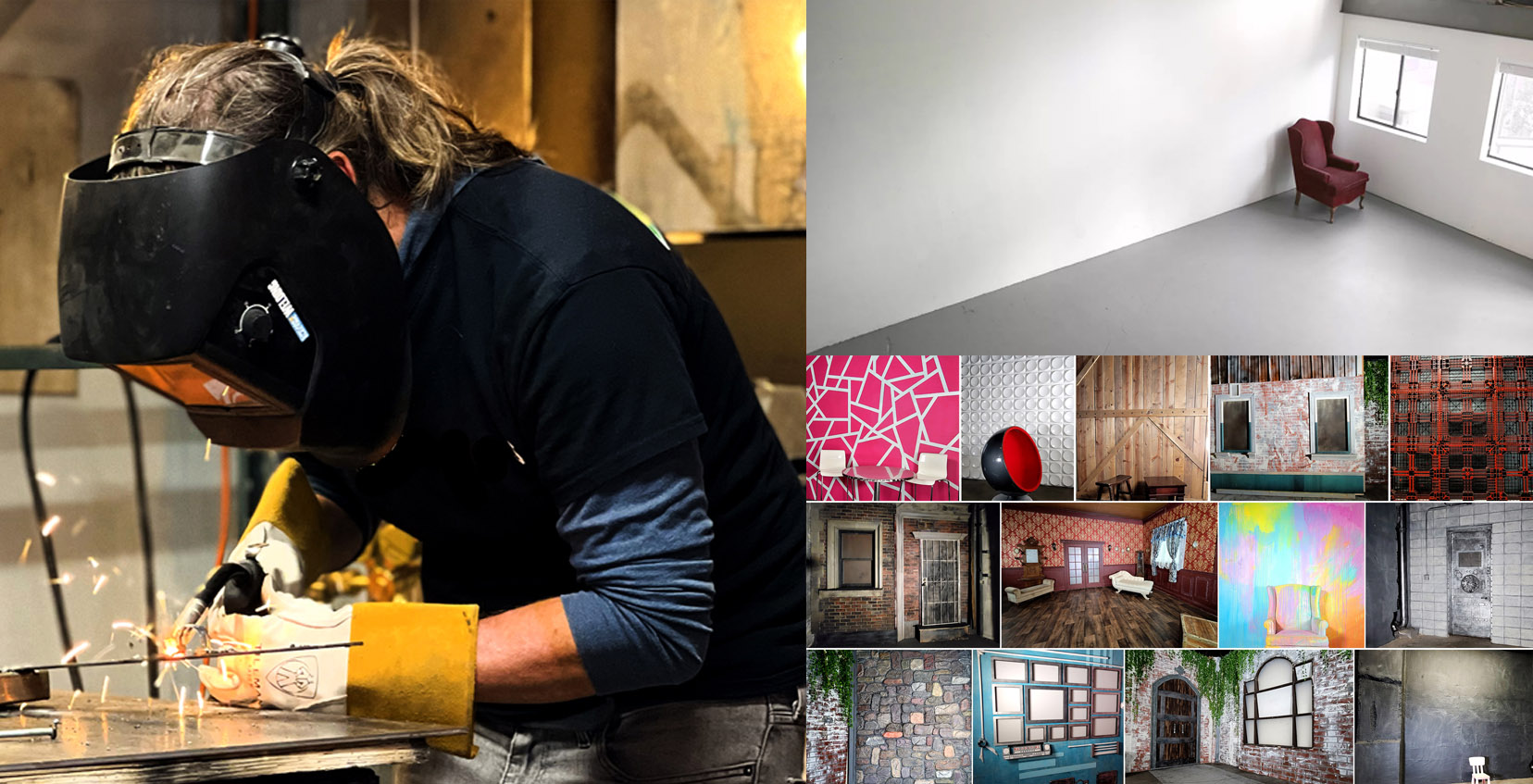 Collab MakerSpace slider: welder throwing sparks alongside the white photo studio with red armchair and themed backdrops