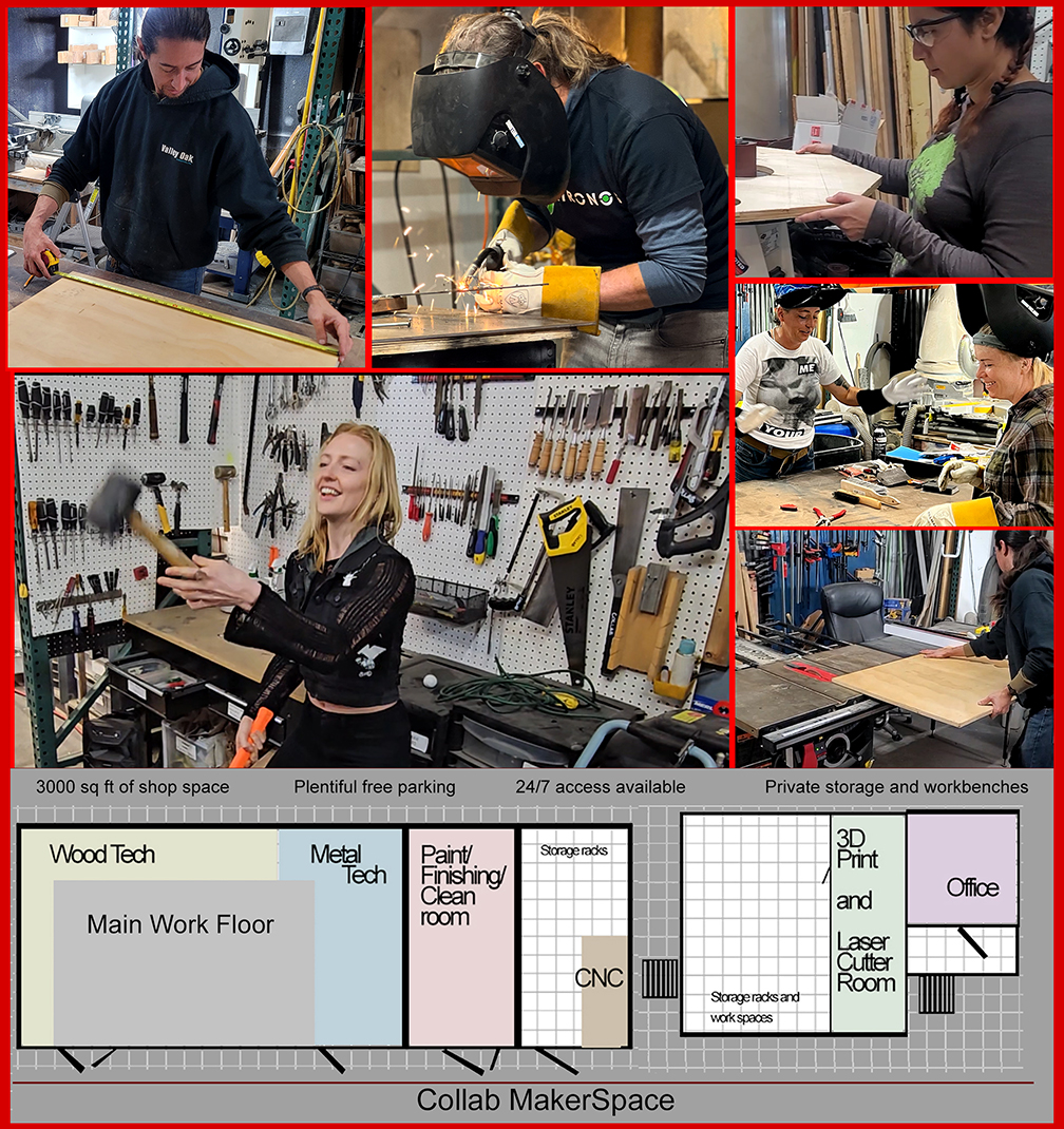 Collab MakerSpace: woodworking, welding and laser cutting, members working in the shop, plus the shop floor plan