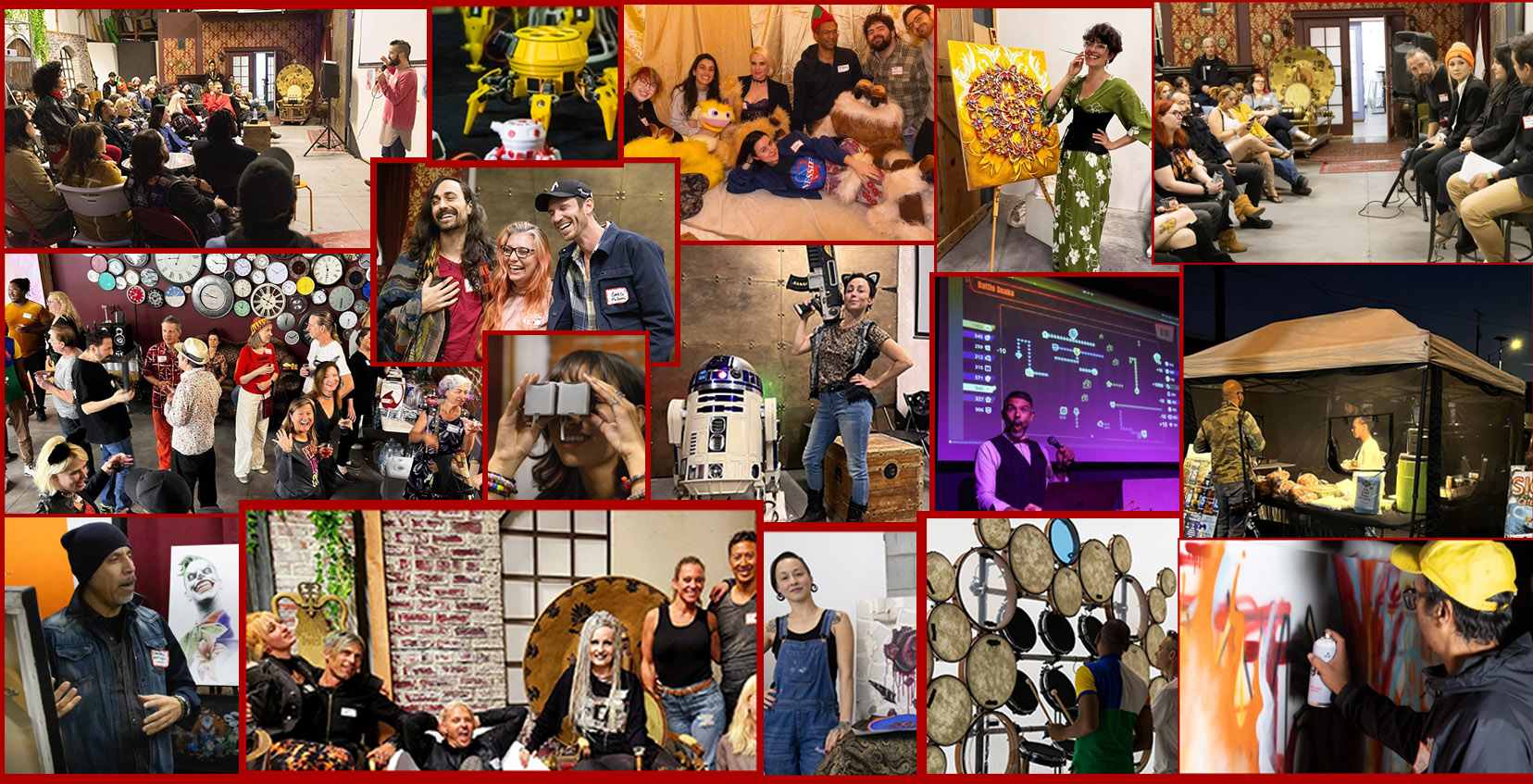 Red-framed collage of Collab event photos: crowds, performances, R2-D2, painters, fire performance and trivia night