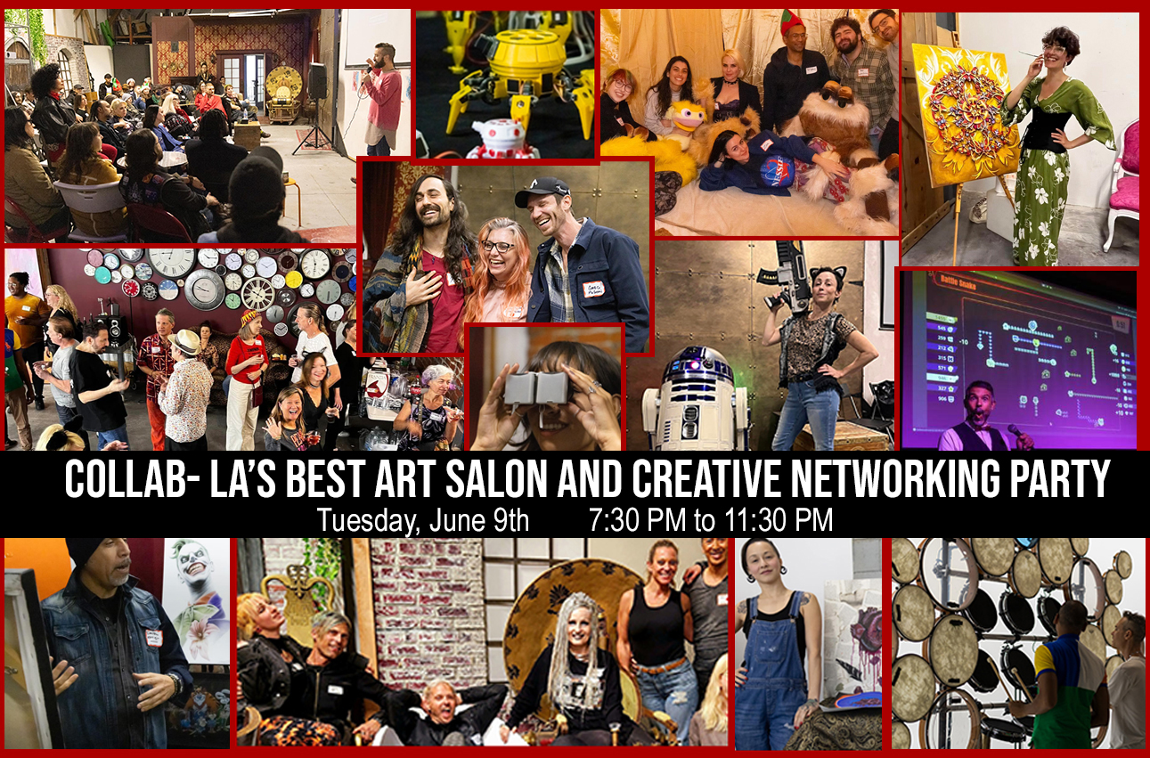 Collab promo collage: LA's Best Art Salon and Creative Networking Party, with a grid of candid event photos