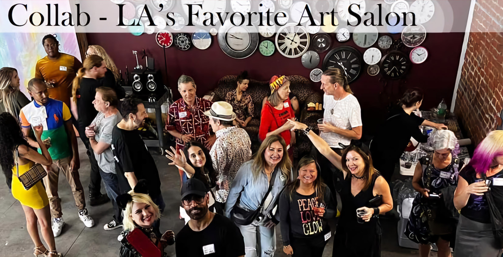 Overhead wide shot of a diverse crowd mingling at a Collab art salon inside the clock-covered venue