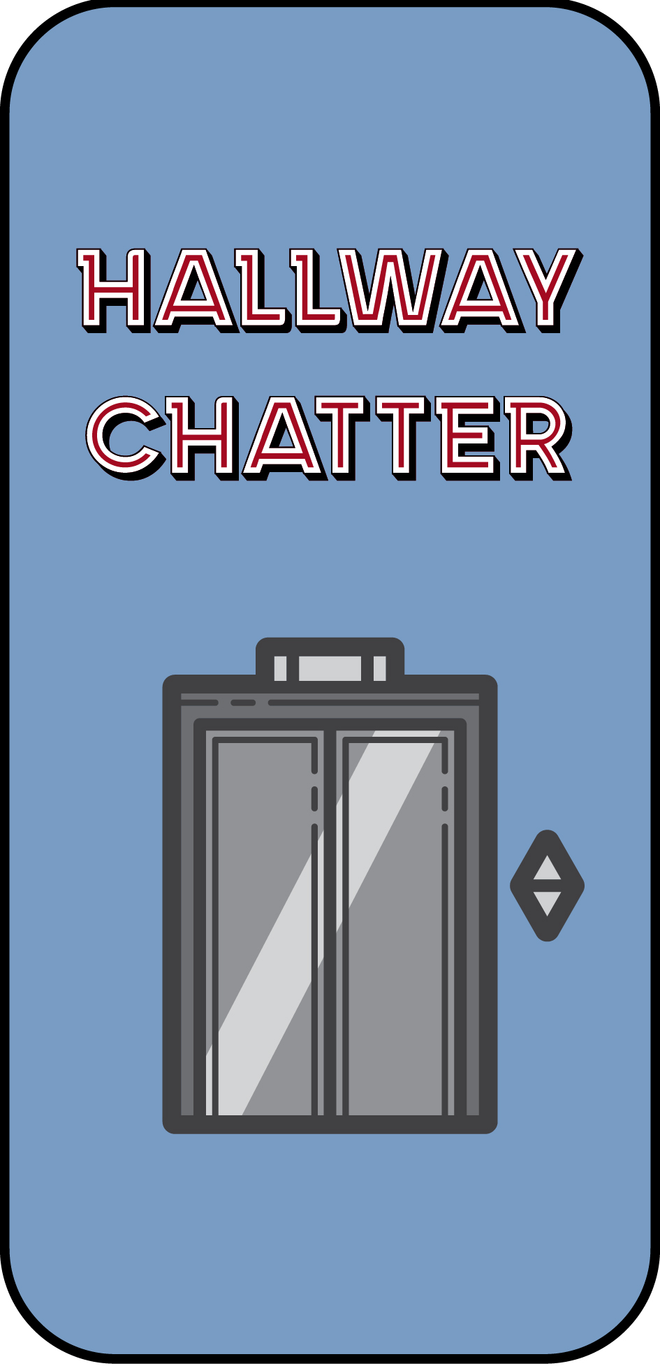Illustrated card: elevator doors with call button, Hallway Chatter