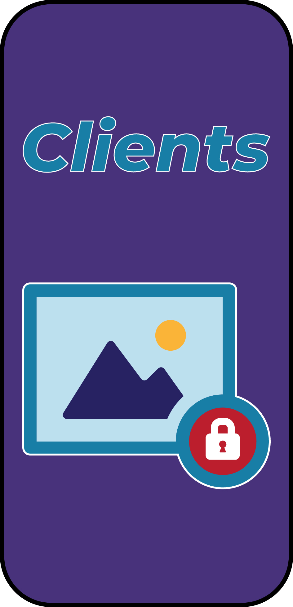Illustrated card: locked photo frame privacy motif, Clients