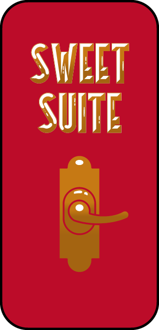 Illustrated card: Sweet Suite with a gold door handle