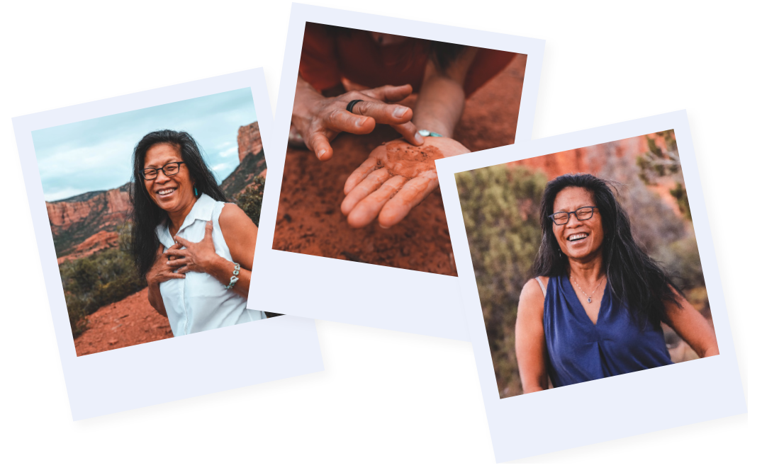 Three polaroid photos of Wendy Moomaw laughing in red-rock desert and holding red earth in her hands