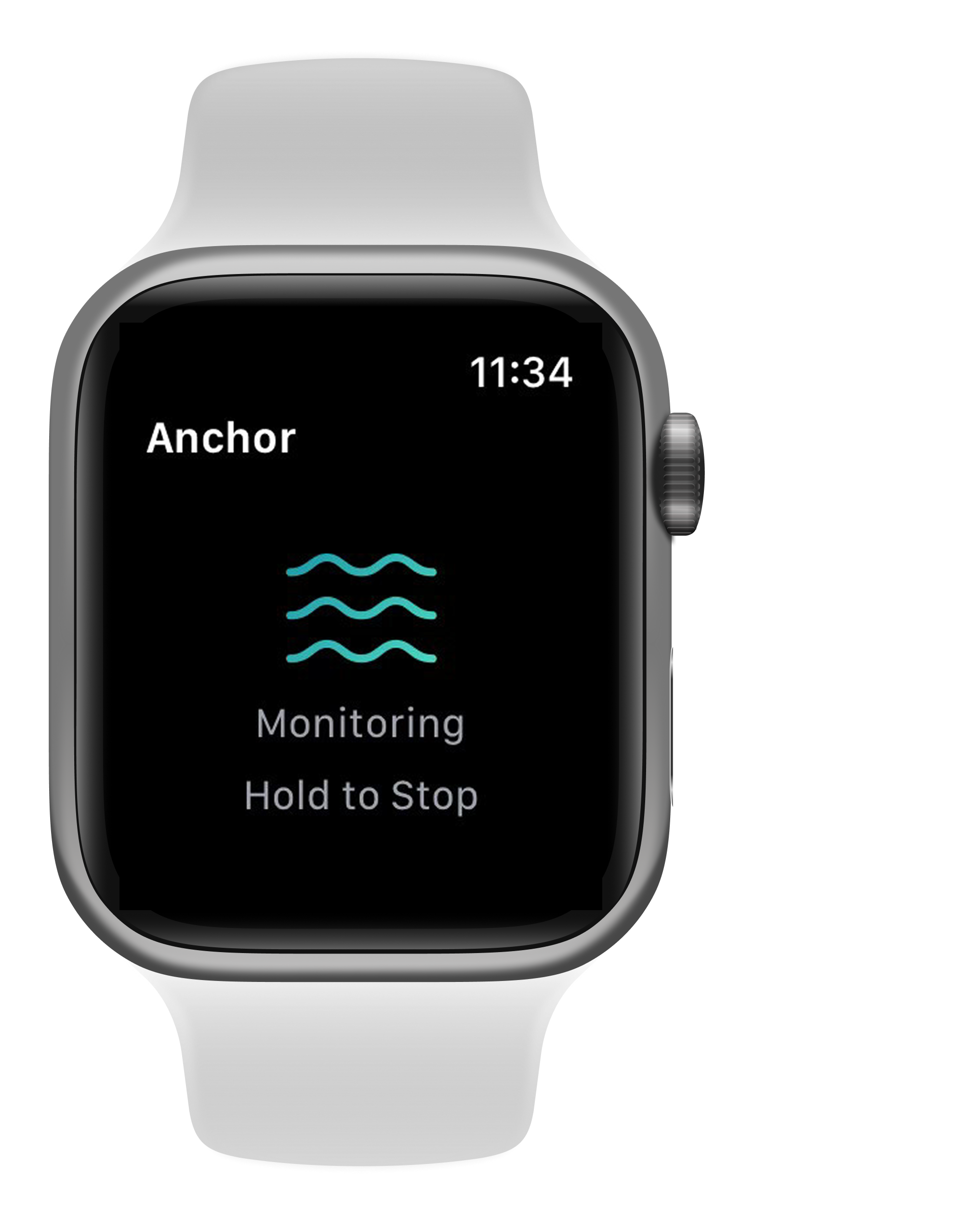 Apple Watch showing the Anchor app Monitoring screen with a teal wave and Hold to Stop