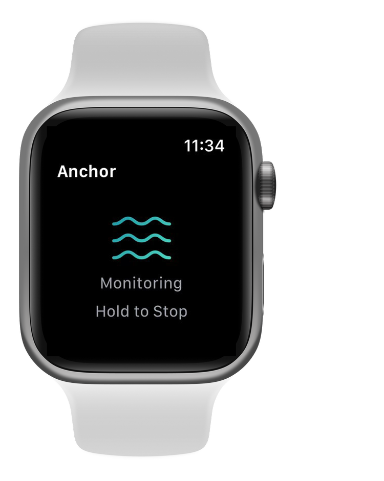 Apple Watch with a white band showing the Anchor Monitoring screen