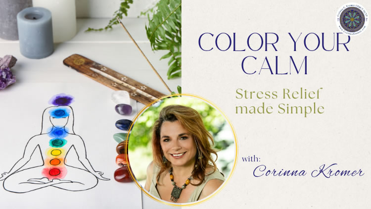 Color Your Calm course art — chakra meditation illustration with crystals and an inset portrait of Corinna Kromer