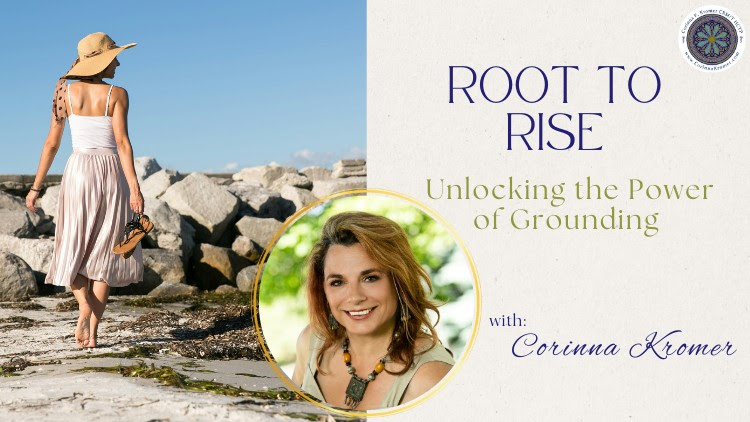 Root to Rise course art — a woman walking on rocks at the beach with an inset portrait of Corinna Kromer