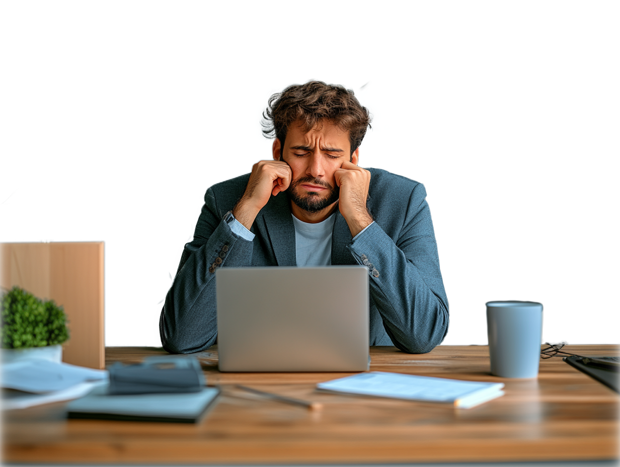 Stressed man hunched over a laptop at his desk