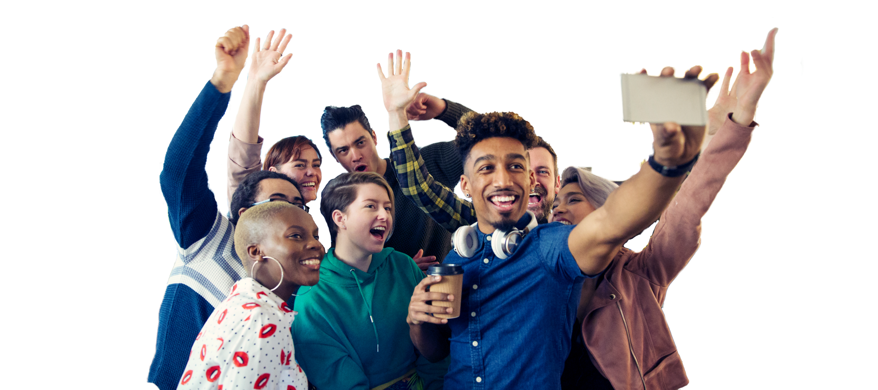 Diverse group of young adults cheering and taking a group selfie