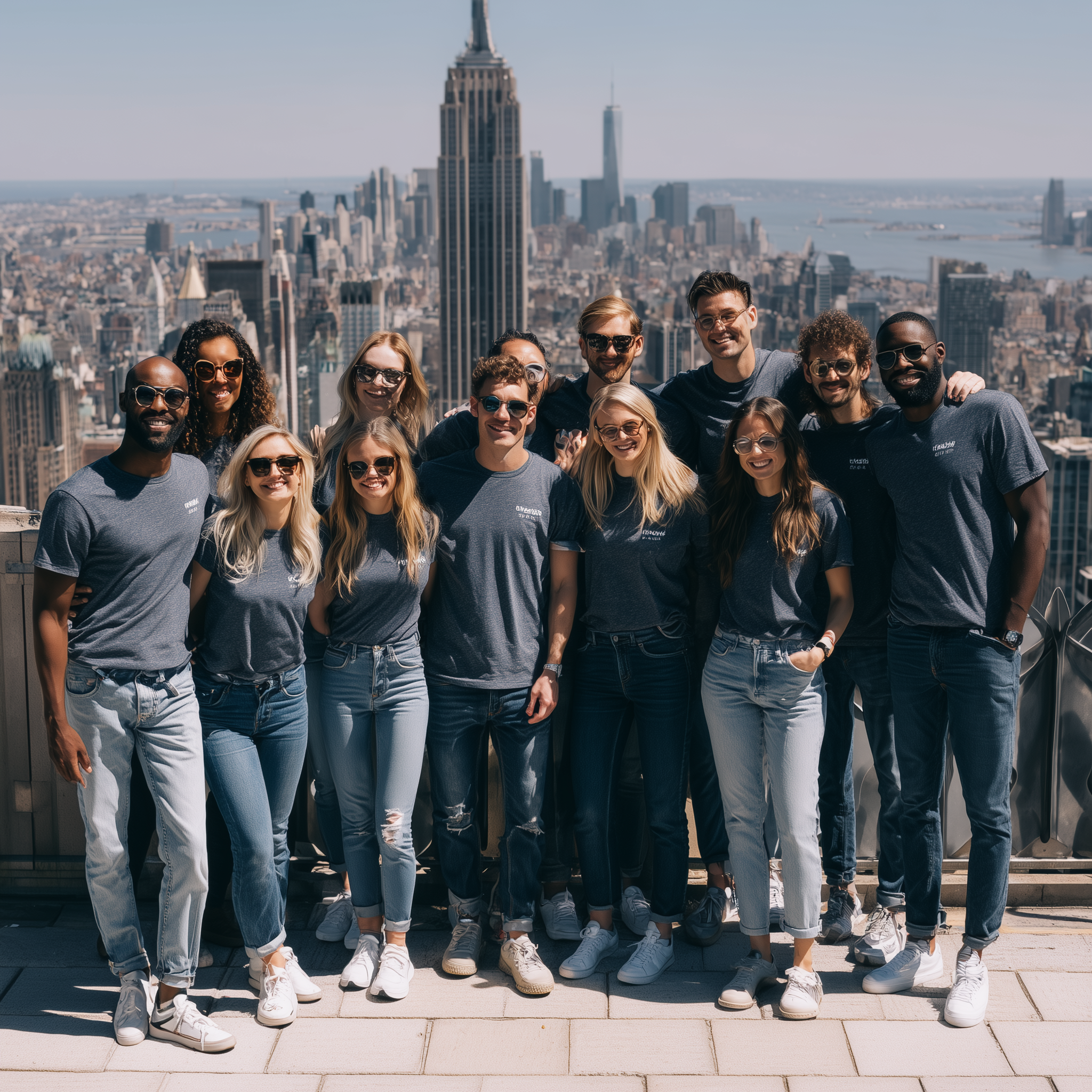 Group of diverse young adults on a rooftop with New York City skyline in the background, smiling and wearing casual clothing.