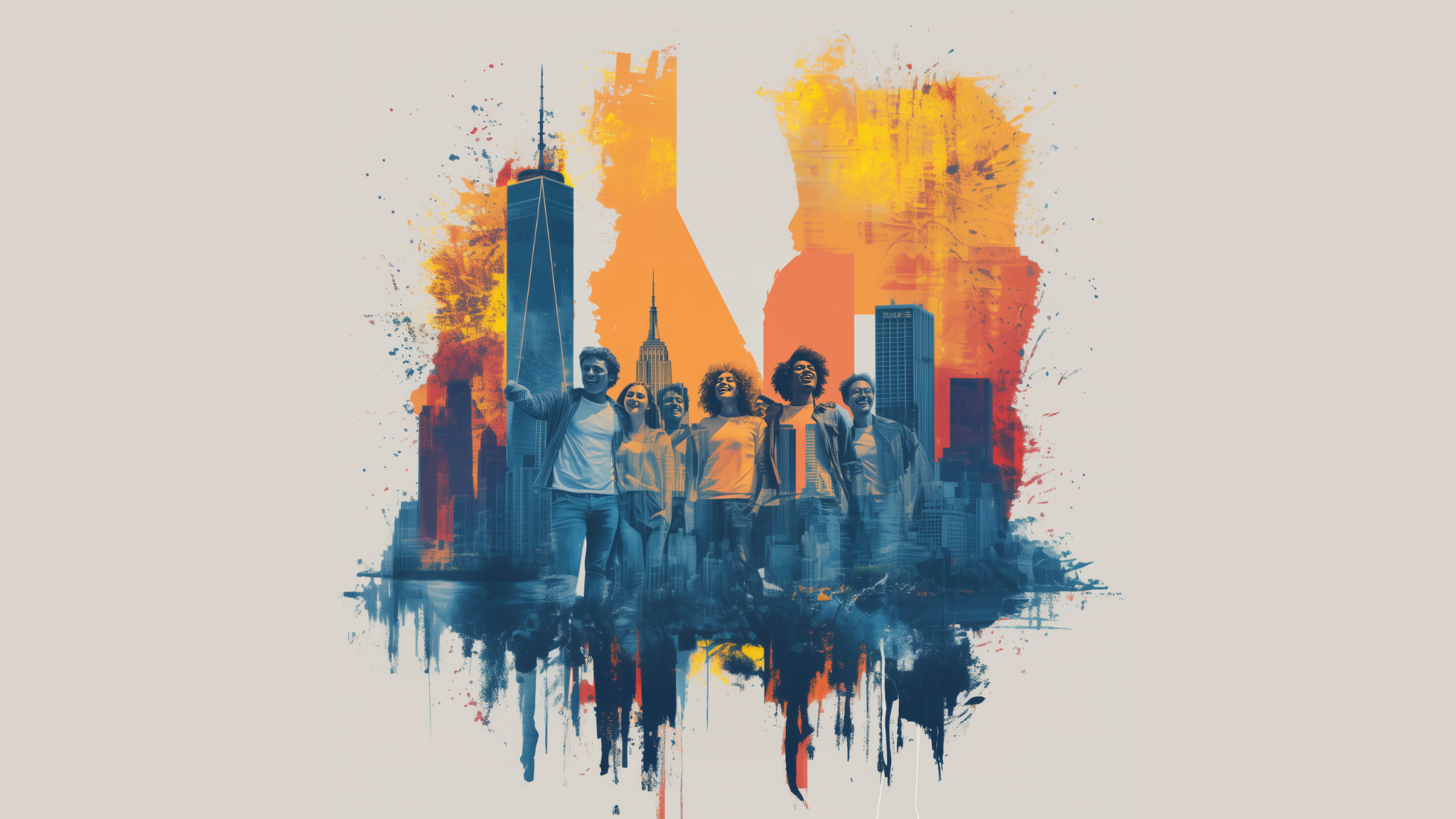 Stylized paint-splash artwork of a diverse group of people celebrating in front of the New York City skyline