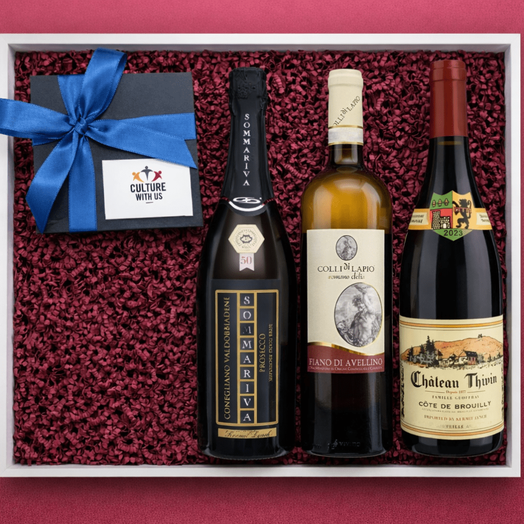 Corporate gift box with three wine bottles and a Culture With Us branded box