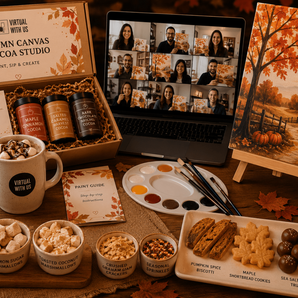 Autumn Canvas & Cocoa Studio kit with laptop, cocoa tins, paints and seasonal treats