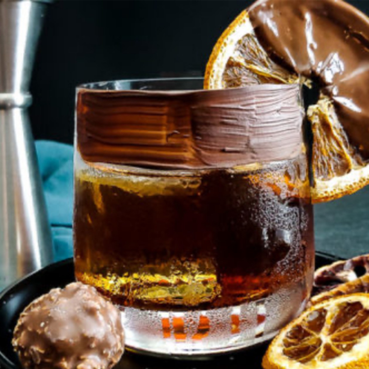 Whiskey cocktail with a chocolate-dipped orange slice and truffles