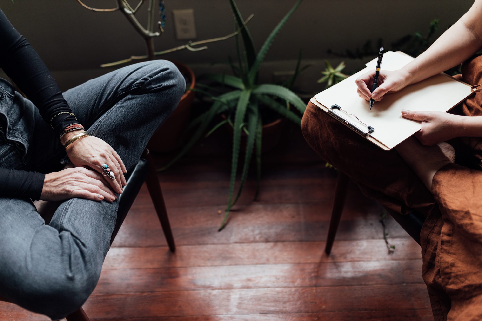 Overhead view of a consultation, one person writing on a clipboard with houseplants behind