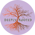 Deeply Rooted Wellness + Yoga logo — orange rooted tree on a lavender circle