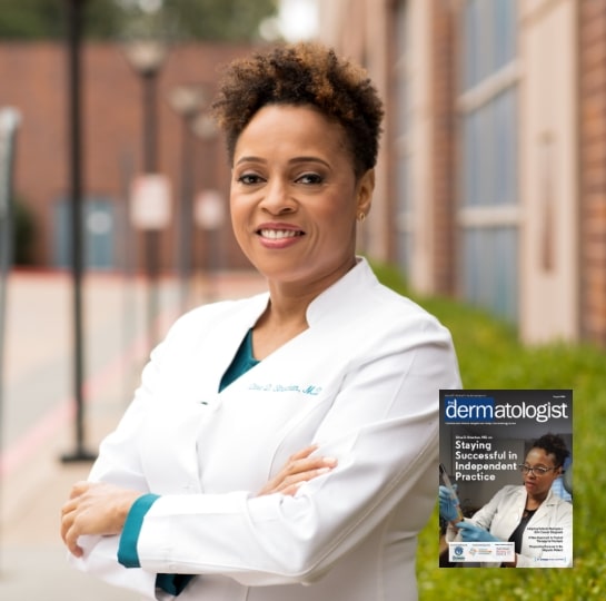 Dr. Dina D. Strachan, MD, board-certified dermatologist, pictured with the magazine cover featuring her practice