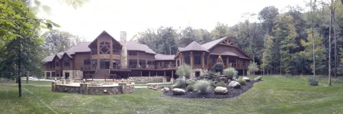 Rustic log-and-stone lodge compound surrounded by trees