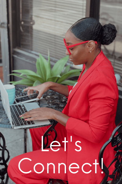 Woman in a red suit working on a laptop outdoors; overlaid with Let's Connect! text