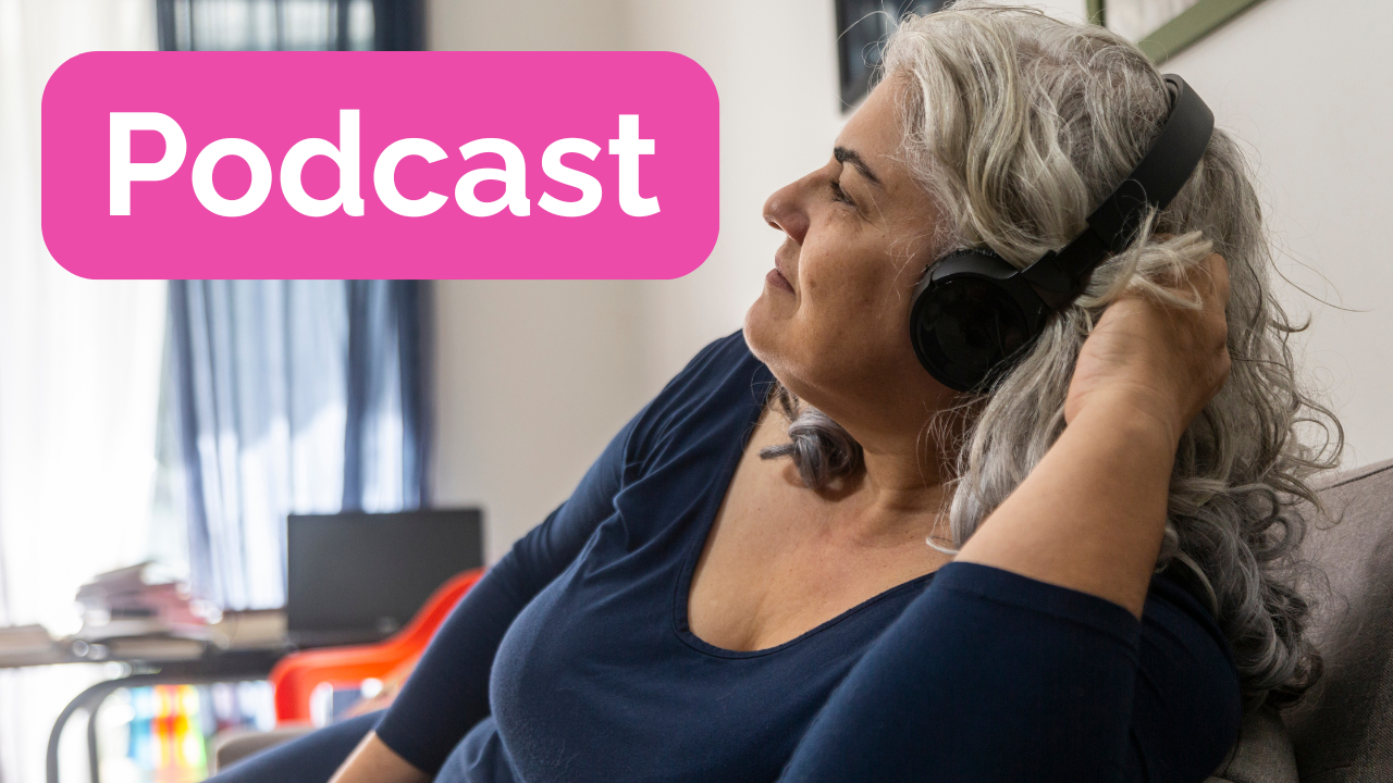 Woman with grey hair wearing headphones relaxing on a sofa, with a pink Podcast label