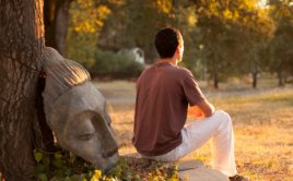 Man sitting against a tree beside a stone Buddha head sculpture