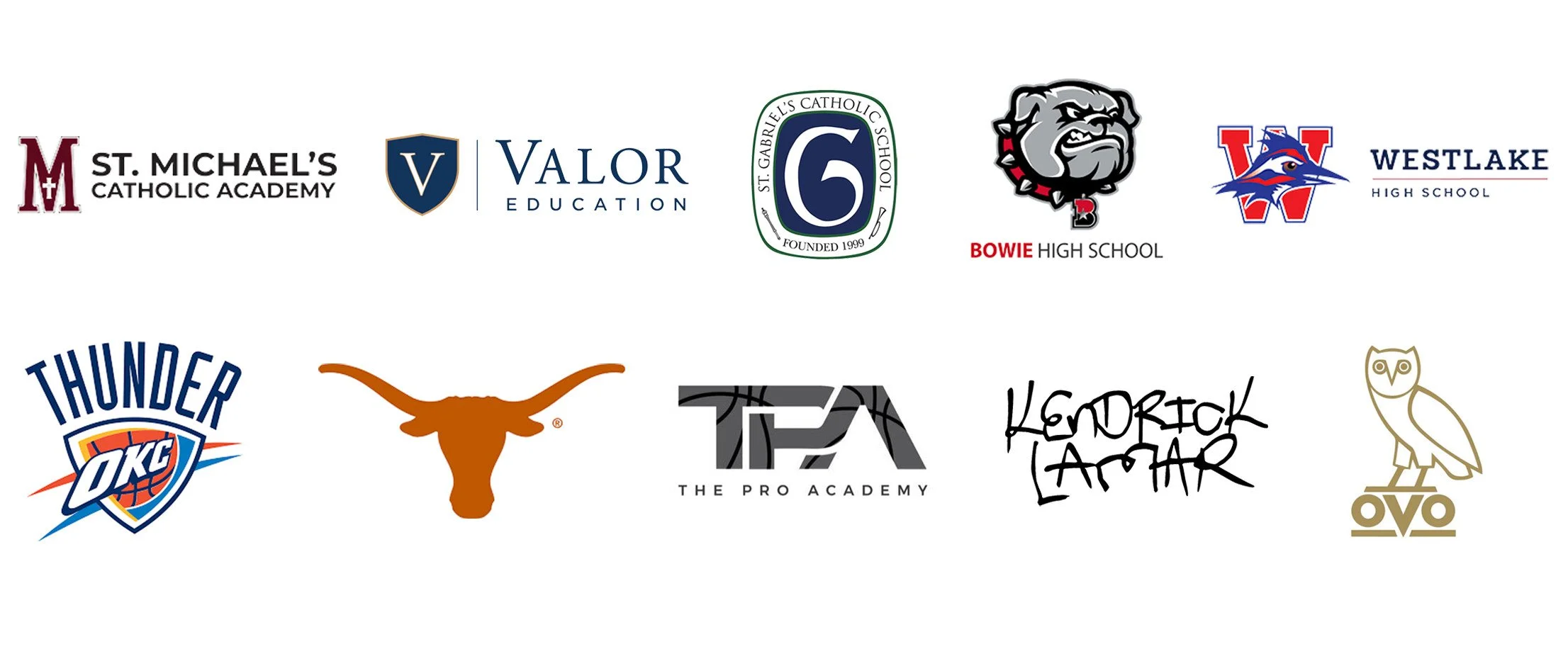 Featured client logos: St. Michael's Catholic Academy, Valor Education, St. Gabriel's Catholic School, Bowie High School, Westlake High School, OKC Thunder, Texas Longhorns, The Pro Academy, Kendrick Lamar, OVO