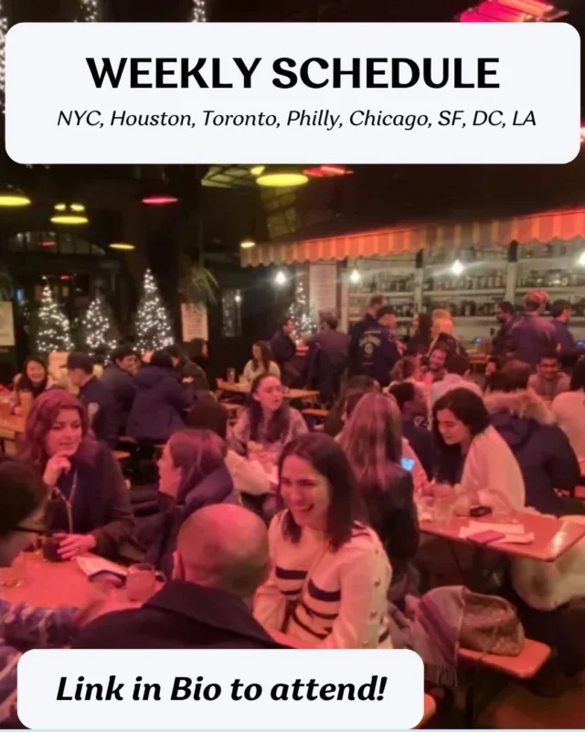 Crowded restaurant bar at night with a weekly schedule promo overlay listing multiple cities
