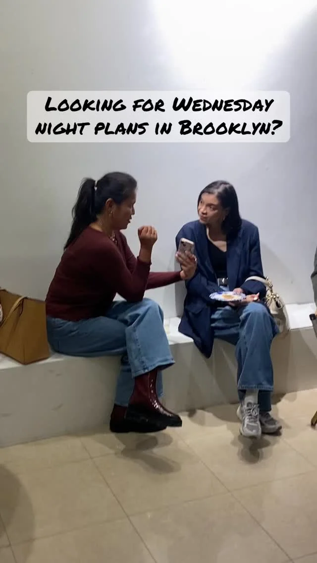 Two women chatting at a Brooklyn gallery event, overlay text: Looking for Wednesday night plans in Brooklyn?
