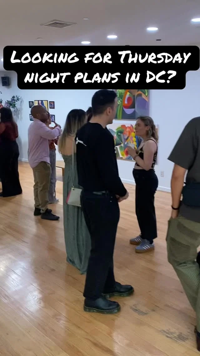 People mingling at a DC gallery party, overlay text: Looking for Thursday night plans in DC?