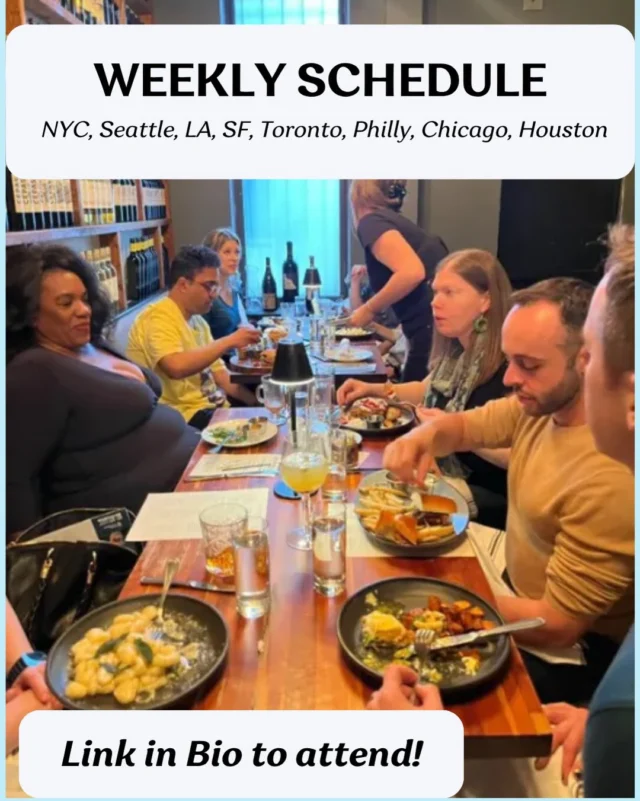 Group dining at a long restaurant table with a weekly schedule promo overlay
