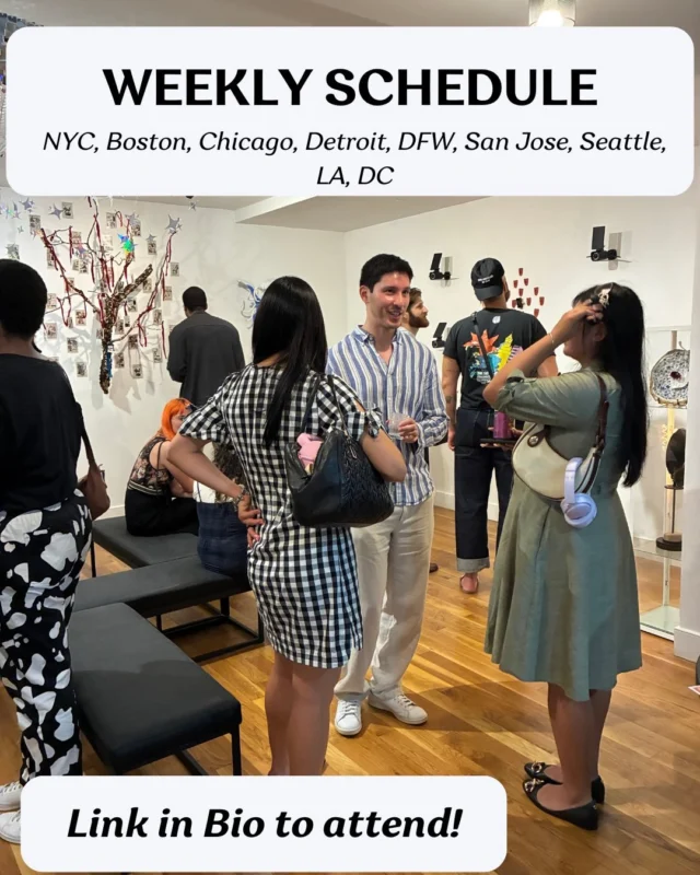 People socializing at a gallery opening with sculptures, weekly schedule promo overlay