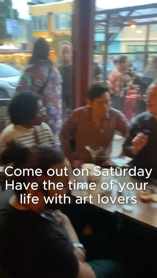 Group socializing on an outdoor bar patio, overlay text: Come out on Saturday, have the time of your life with art lovers
