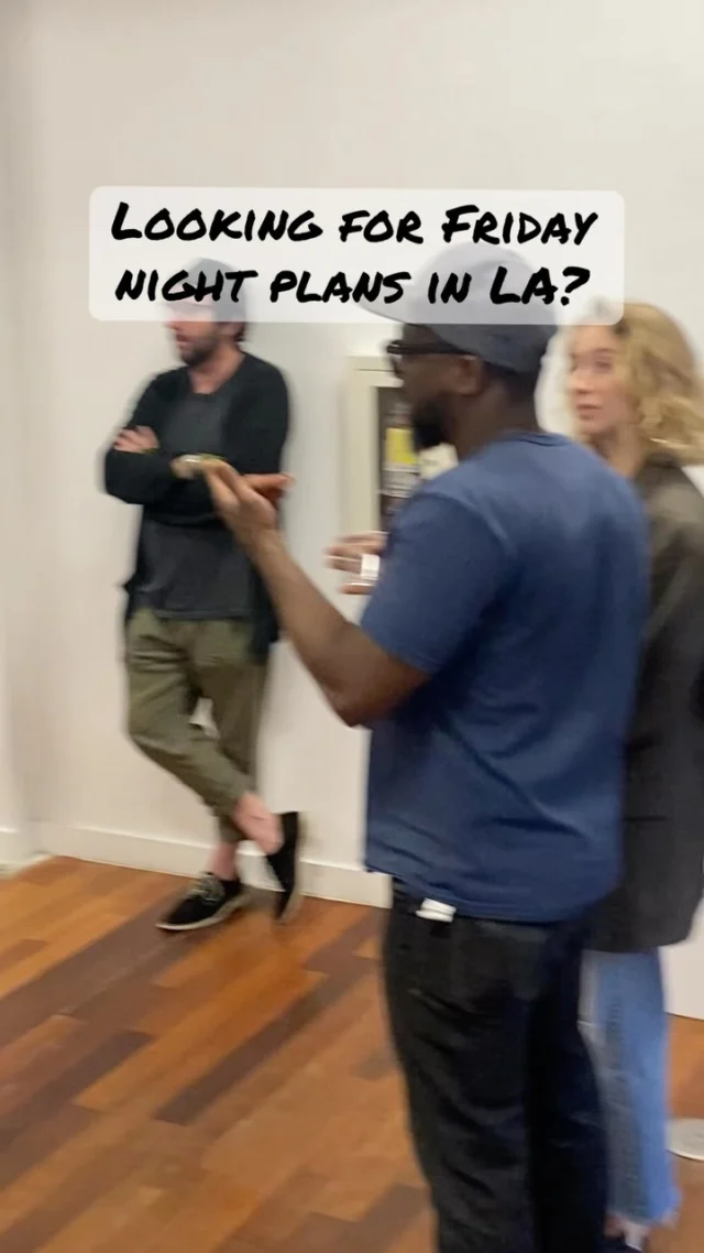 People mingling inside an LA art gallery, overlay text: Looking for Friday night plans in LA?