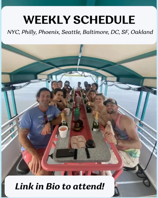 Group on a covered boat outing with champagne and a weekly schedule promo overlay