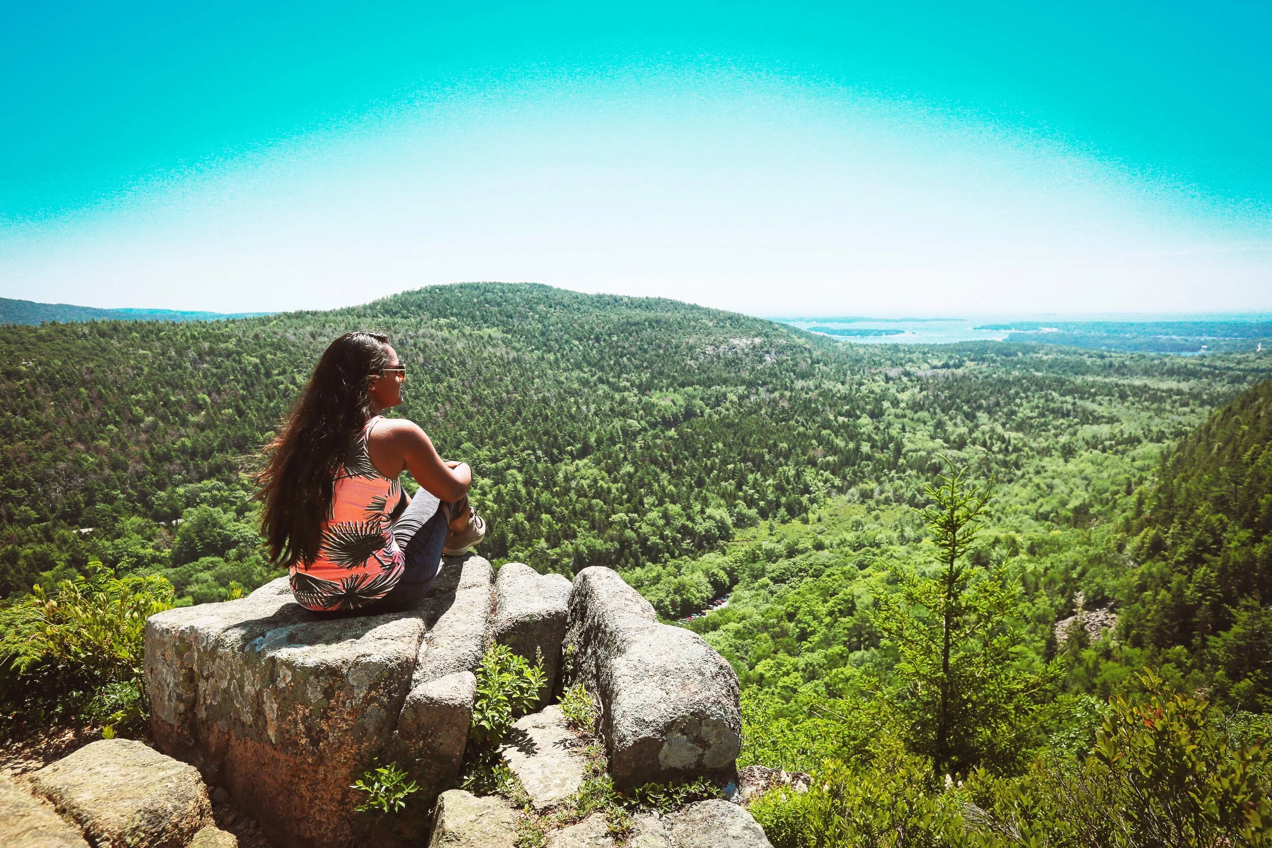 Woman on a rocky overlook above a forested valley and lake