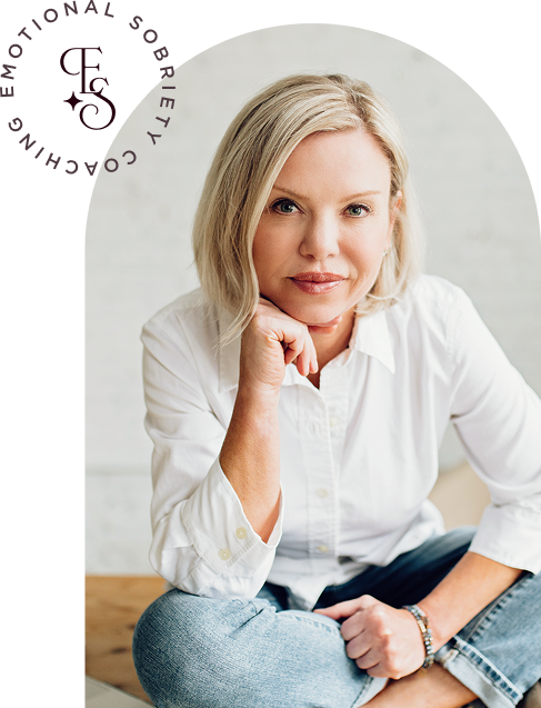 Colleen Freeland seated in a white shirt, chin resting on her hand, framed in an arch with the Emotional Sobriety Coaching badge