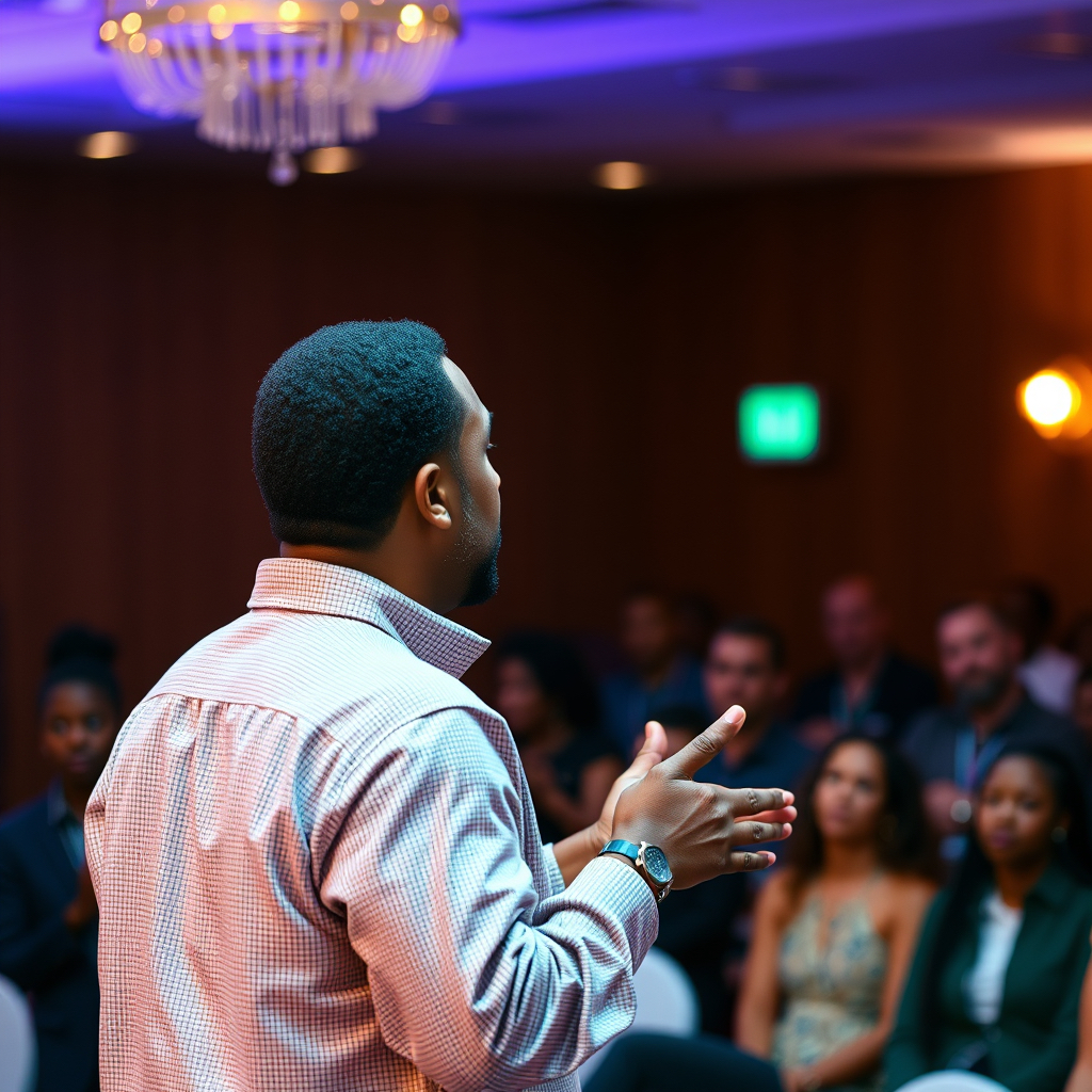 Speaker addressing an engaged audience from the stage in a warmly lit hall
