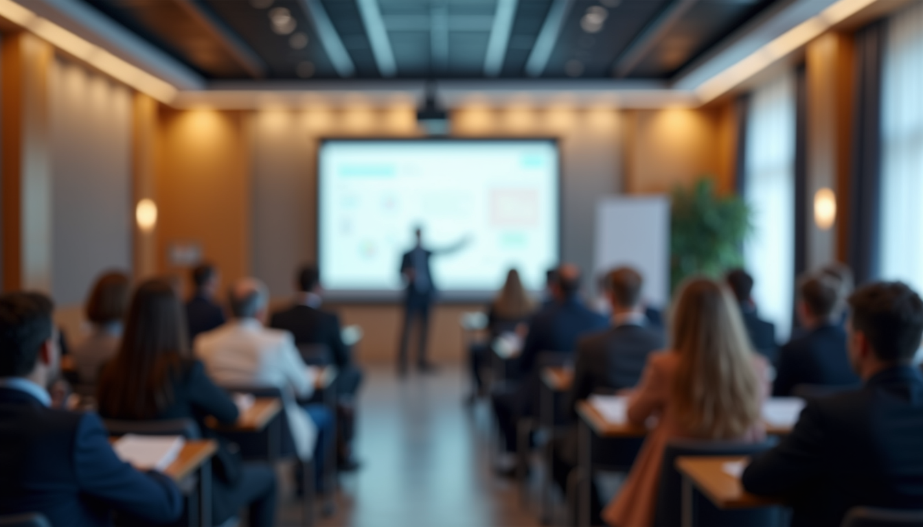 Presenter at a projection screen leading a workshop of seated attendees