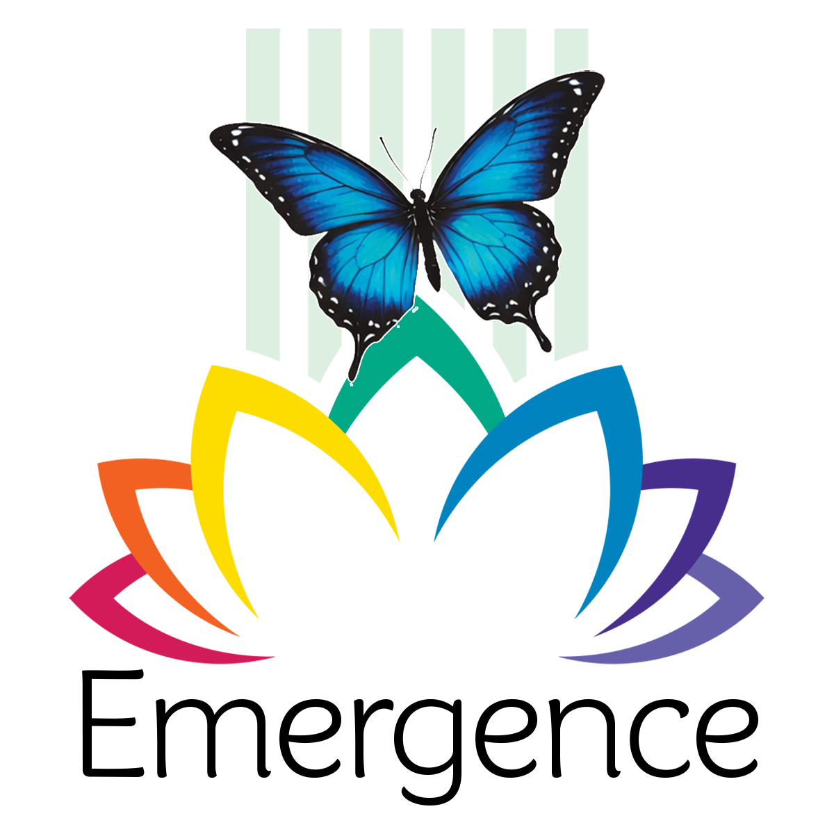 Emergence program logo — rainbow lotus with a blue morpho butterfly