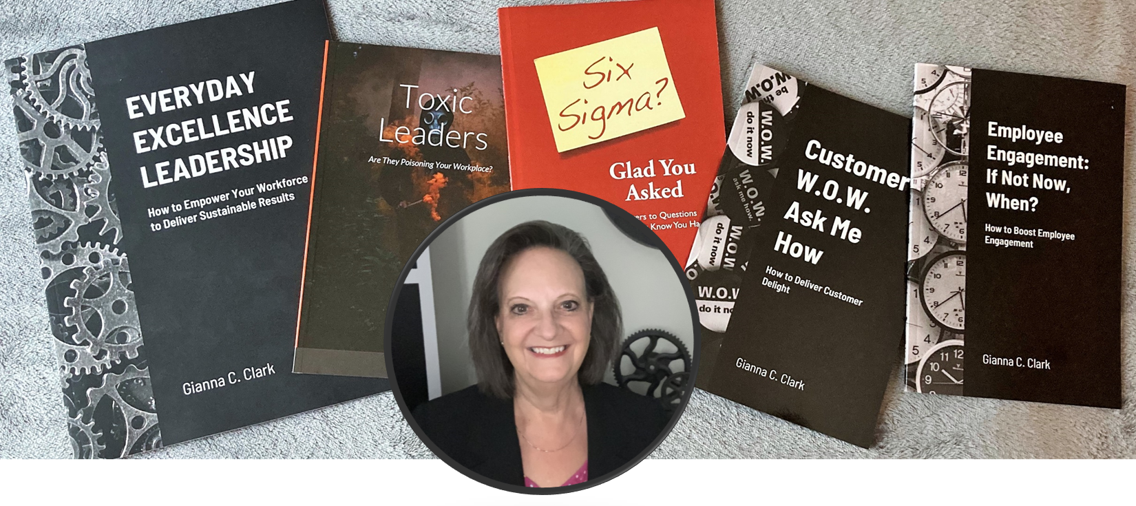Five books by Gianna C. Clark fanned out with a portrait